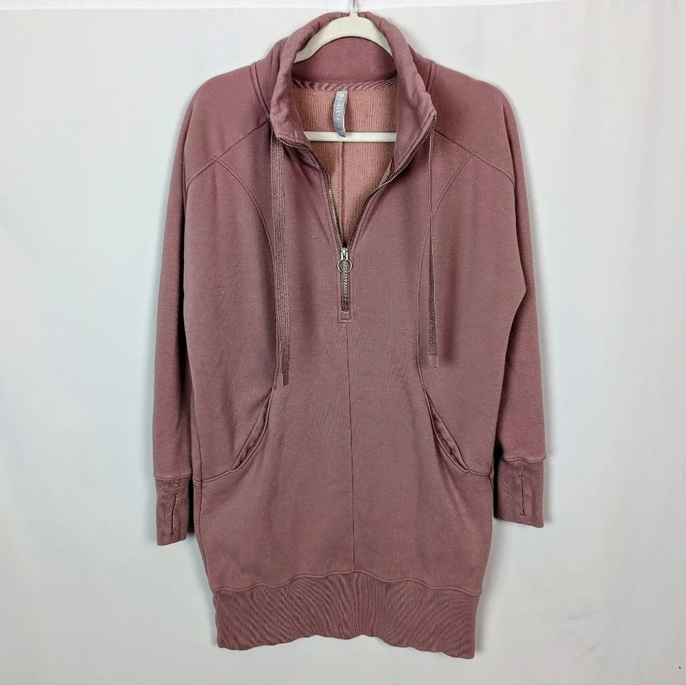 ATHLETA sz S Cozy Karma 1/4 Zip Sweater Dress Tunic  Fleece Lined Floral Mauve - Picture 8 of 16